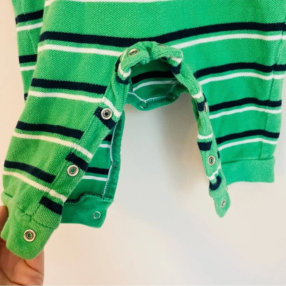 Ralph Lauren Striped Green and White one-piece collared Footie outfit